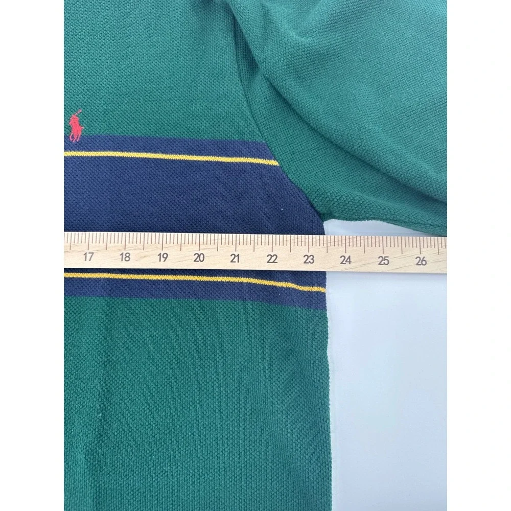 VINTAGE Polo Ralph Lauren Long Sleeve Polo Shirt Green Navy‎ Yellow Stripe XL
